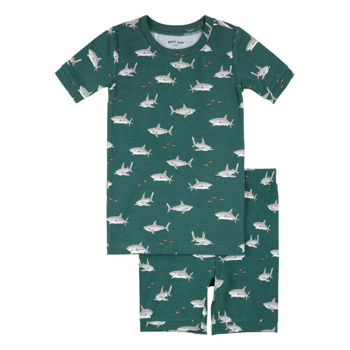 Petit Lem - Sharks Pattern Short Pajamas Made of Organic Cotton and Modal | Dark Green