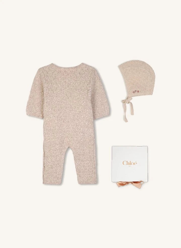 Chloé - Organic cotton bonnet and romper set | Peach