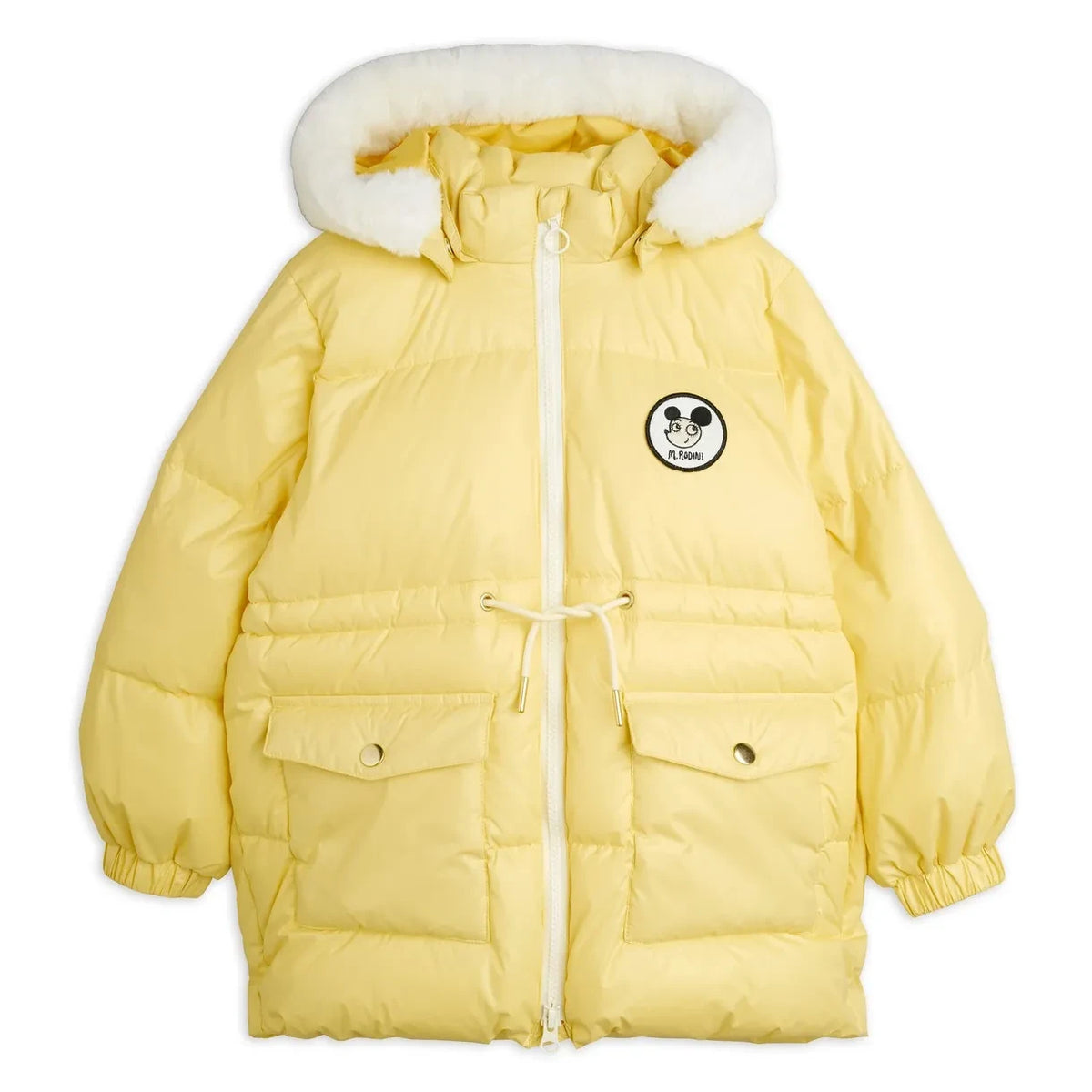 Mini Rodini - Faux Fur Hooded Down Jacket Made from Recycled Fibers | Yellow