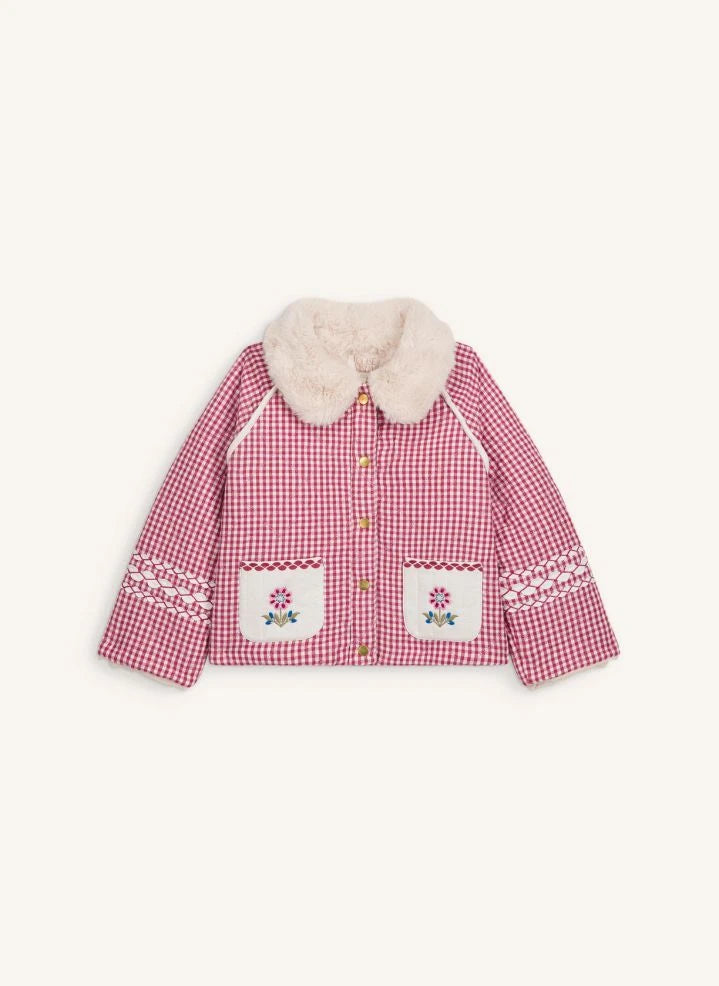 Louise Misha - Dalila Reversible Faux Fur Quilted Coat Checked | Framboise