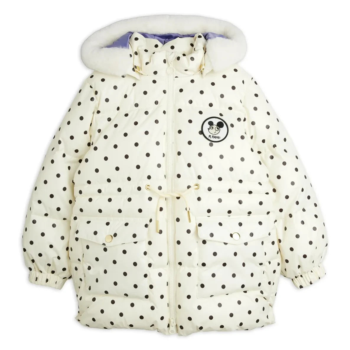 Mini Rodini - Hooded Faux Fur Look Dotted Puffer Jacket Made from Recycled Polyester | Ecru