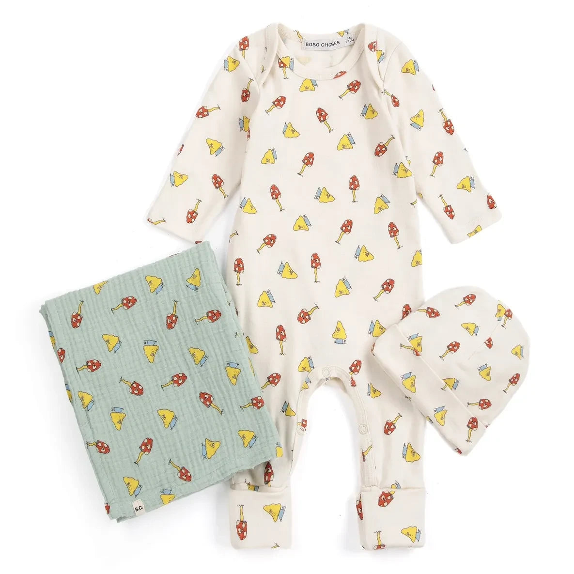 Bobo Choses - Organic Cotton Mushroom Overalls, Cloth and Hat Gift Set | Ecru