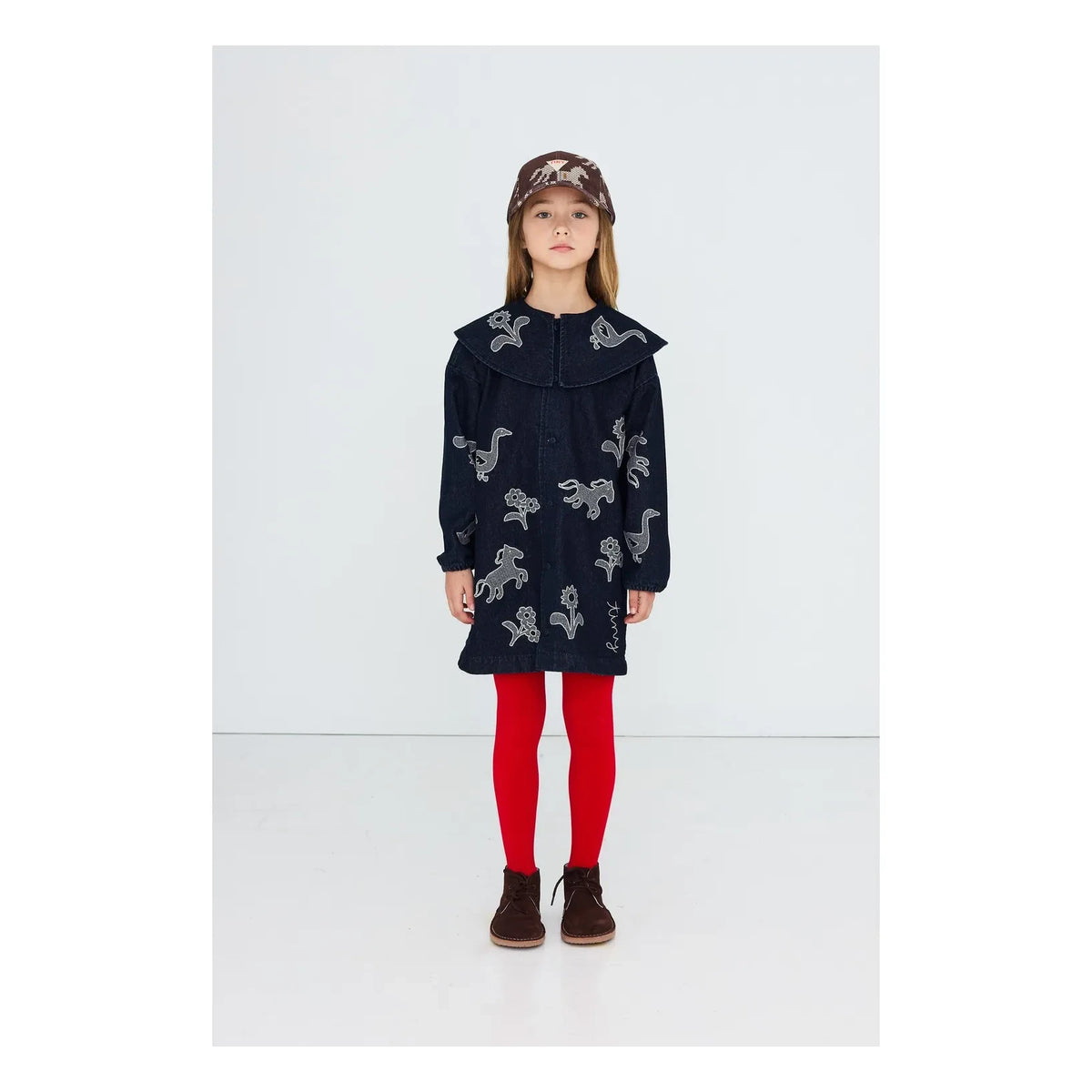 Tinycottons - Denim Dress with Horse and Flower Embroidery | Dark Blue