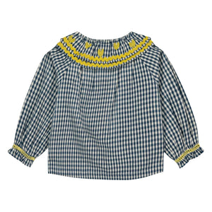 Bonton - Solane Gingham Embroidered Collar Blouse | Blue