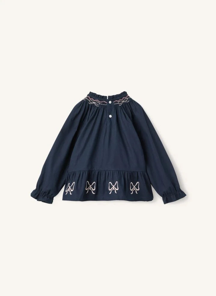 Copenhagen Colors - Organic Cotton Gathered and Embroidered Blouse | Navy