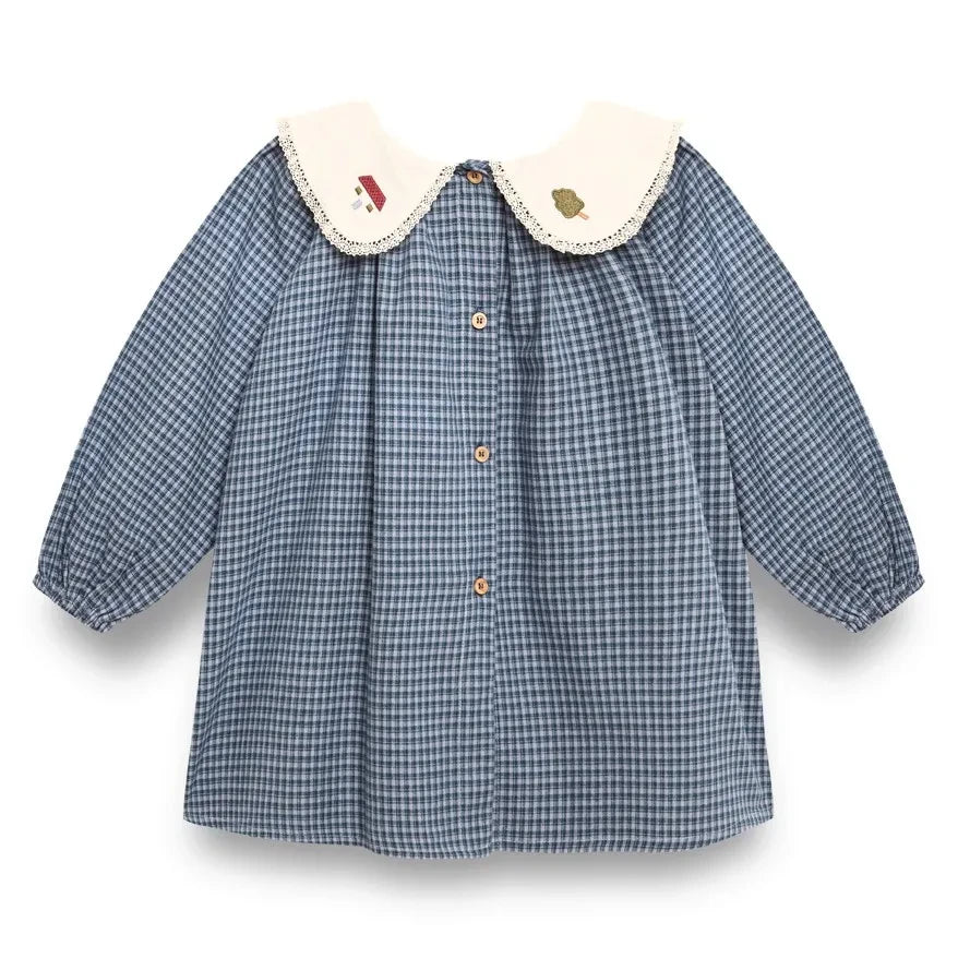 birinit - Checkered Embroidered Claudine Collar Dress Organic Cotton | Indigo Blue