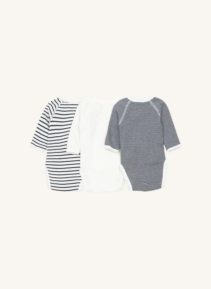 Petit Bateau - Striped Newborn Cross-Shoulder Rompers - 3-Pack | White