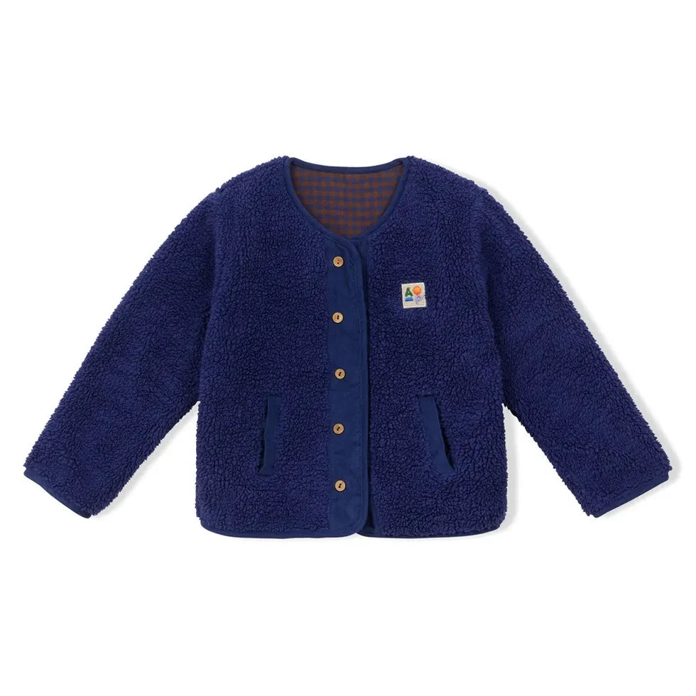 Arsène et Les Pipelettes - Reversible Sherpa Style Checked Jacket Made of Organic Cotton | Navy