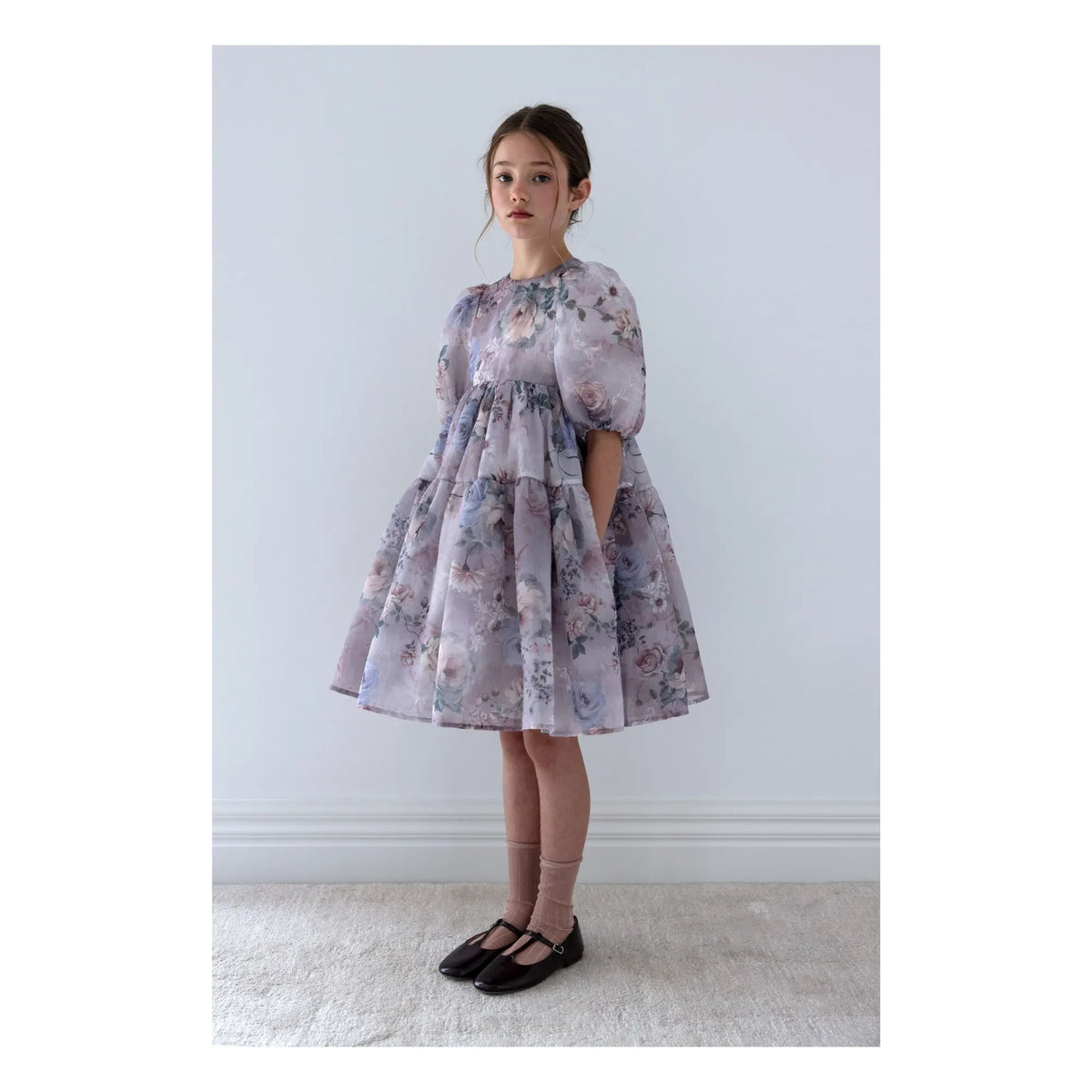 petite Amalie - Floral Print Organza Balloon Sleeve Dress | Lavender