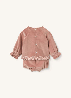 Copenhagen Colors - Embroidered Blouse and Ribbed Velvet Organic Cotton Bloomer Set | Dusty Pink