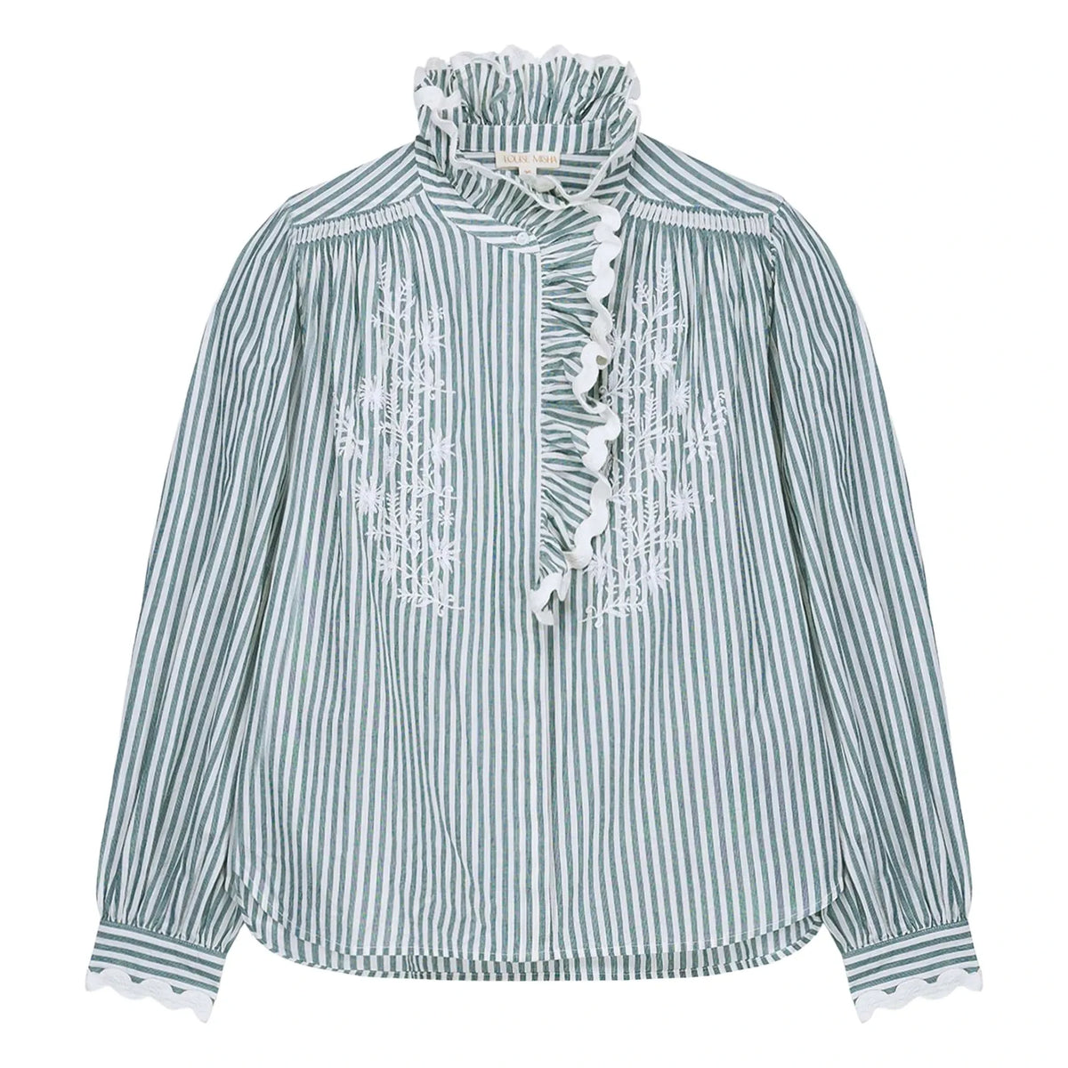 Louise Misha - Cora Striped Organic Cotton Blouse - Women's Collection | Almond Green