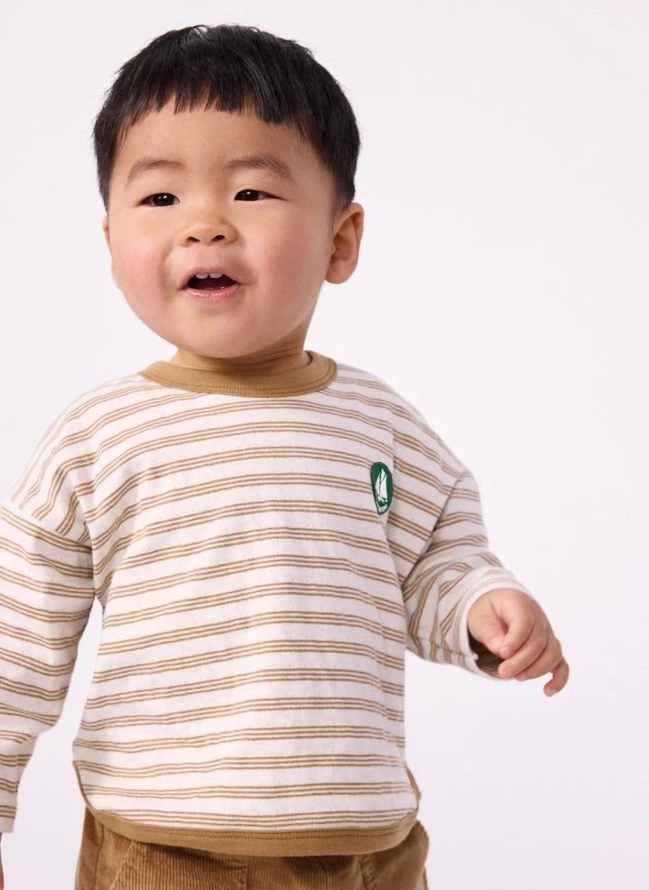 Petit Bateau - Striped Organic Cotton Baby T-Shirt with Badge | Beige