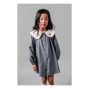 birinit - Checkered Embroidered Claudine Collar Dress Organic Cotton | Indigo Blue