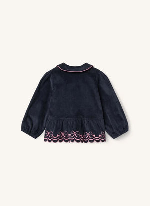 Copenhagen Colors - Organic Cotton Ribbed Velvet Blouse, Embroidered Bow Detail | Navy