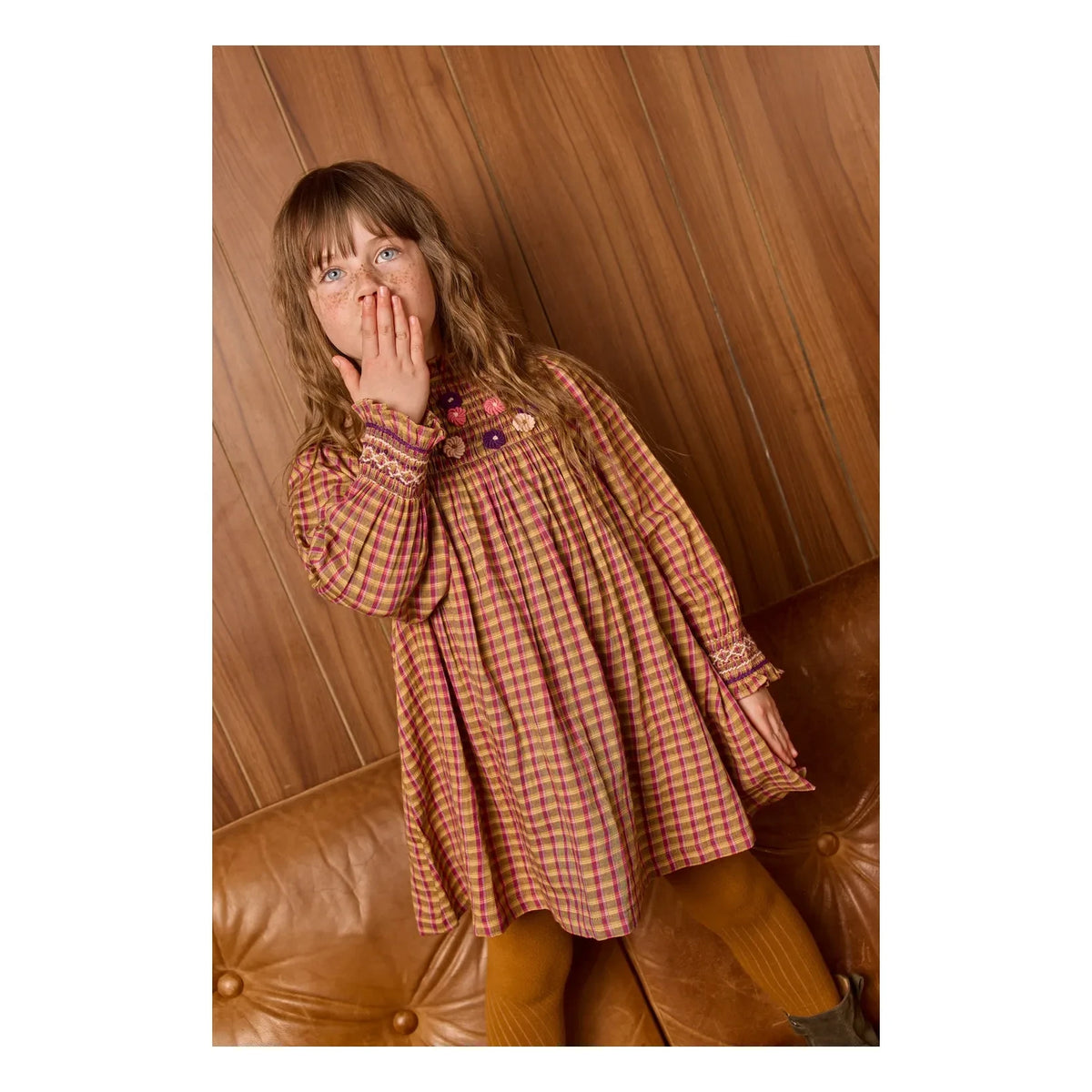 Bonton - Poire Checked Embroidered Dress | Mustard