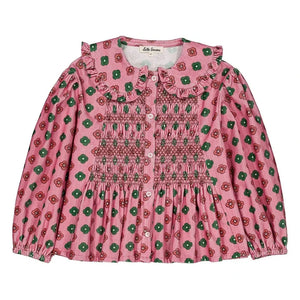 Hello Simone - Floral Patterned Ruched Blouse, Velvet Textured | Pink