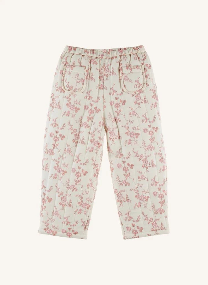Emile et Ida - Organic Cotton Quilted Pants with Floral Print | Ecru