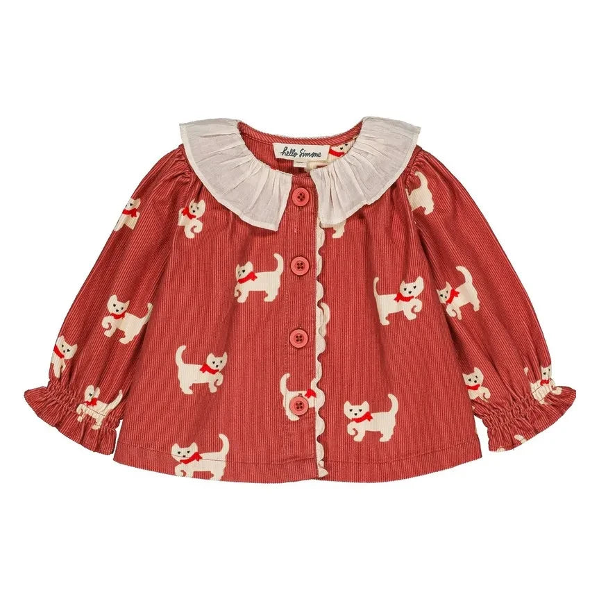 Hello Simone - Baby Blueberry Cats Ribbed Corduroy Romper | Brick Red
