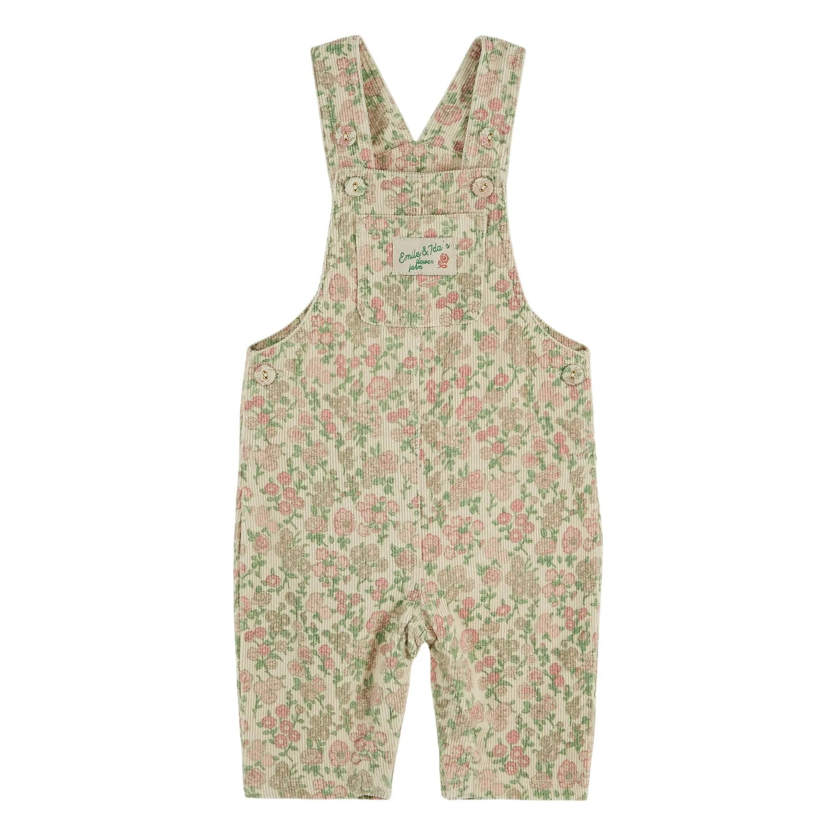Emile et Ida - Floral Print Velvet Baby Dungaree | Beige