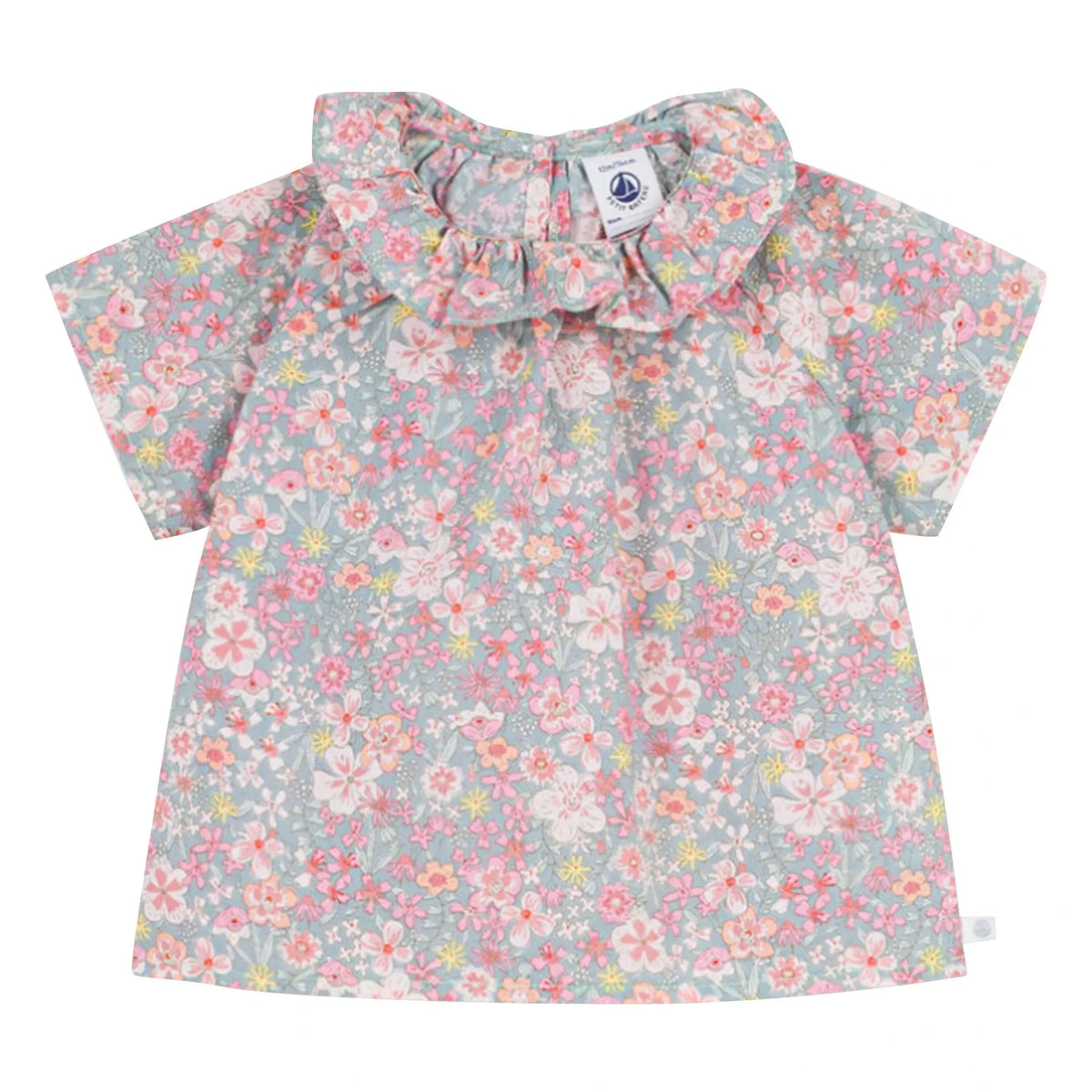 Petit Bateau - Floral Patterned Ruffled Collared Cotton Blouse | Turquoise