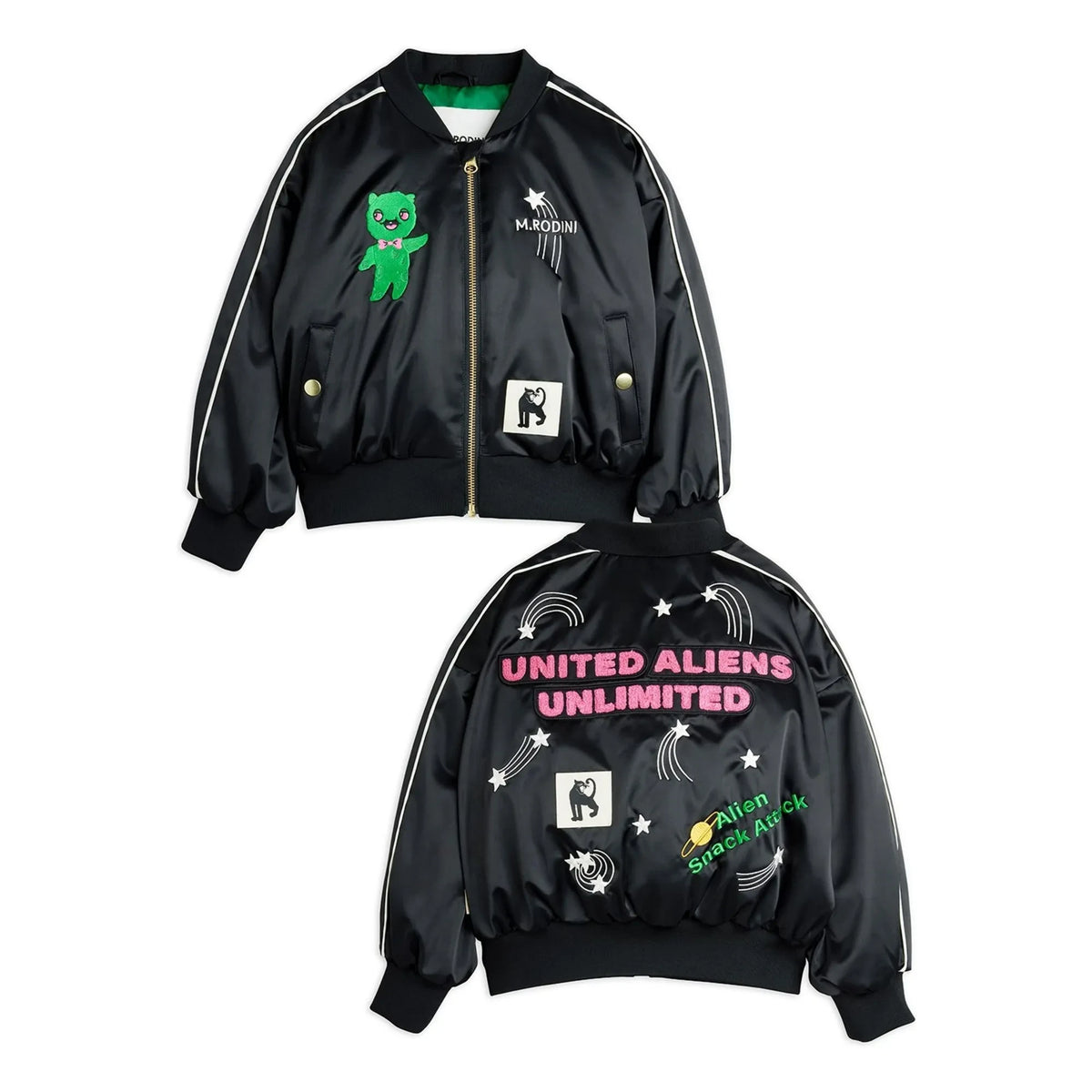 Mini Rodini - Alien Satin Recycled Fiber Baseball Jacket | Black