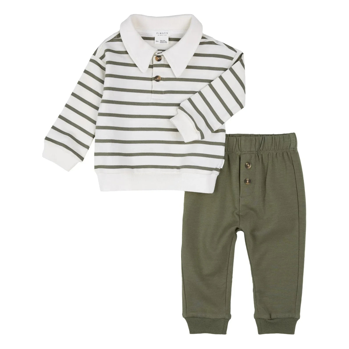 Petit Lem - Striped Polo Shirt and Organic Cotton Pants Set | Green