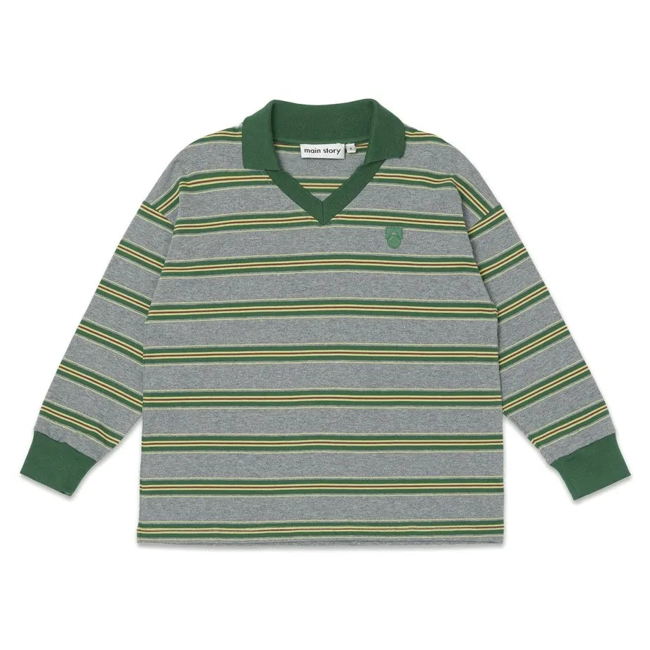 Main Story - Organic Cotton Striped Logo Polo Shirt | Gray Blue
