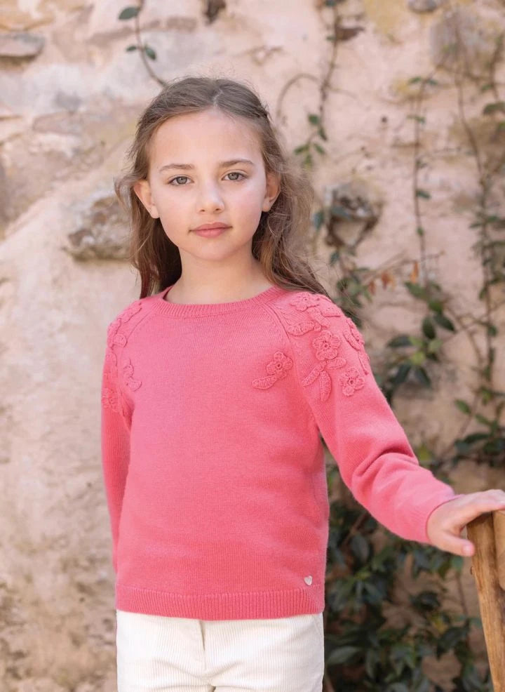 Tartine et Chocolat - Floral Embroidered Shoulder Sweater | Pink
