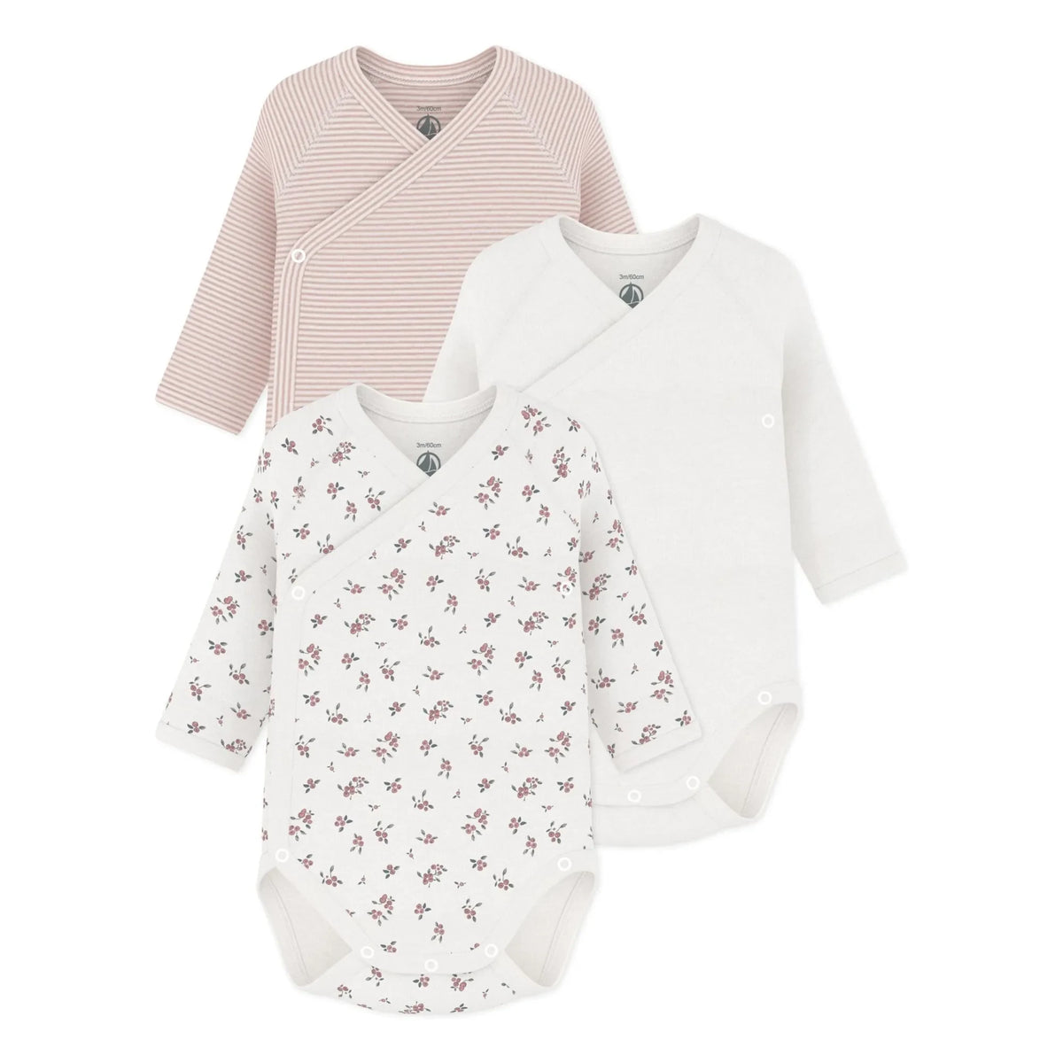 Petit Bateau - 3-Piece Organic Cotton Floral Pattern Twill Bodysuit | White