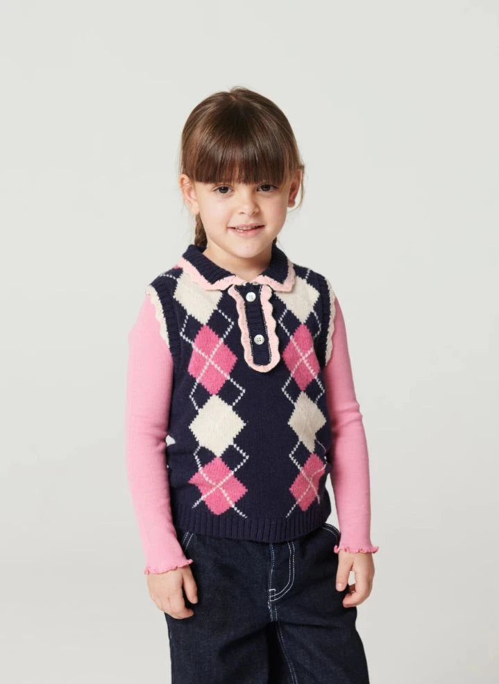 Copenhagen Colors - Sleeveless Argyle Ruffle-Edged Wool Sweater | Navy