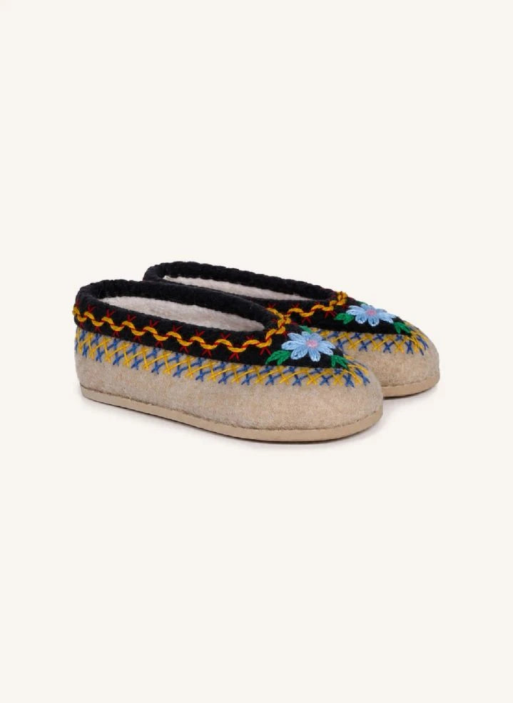 Folkloore - Flower-Patterned Wool Slippers - Kids Collection | Cream