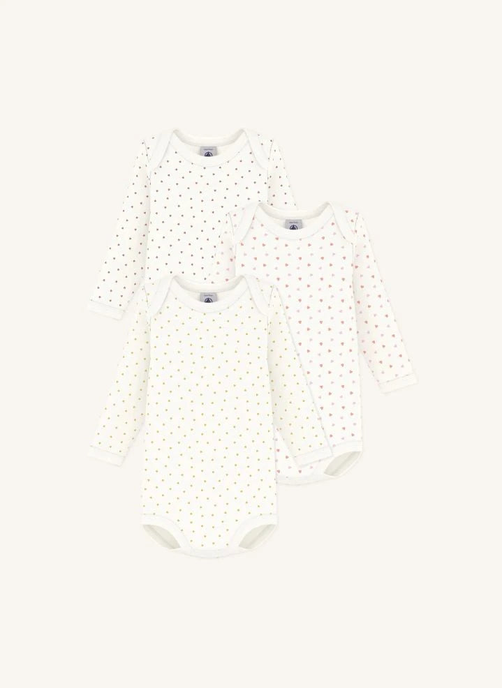 Petit Bateau - 3-piece Bodysuit Set Little Hearts Organic Cotton | White