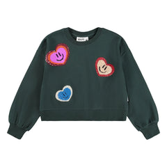 Molo - Miki Organic Cotton Heart Patch Sweater | Chrome Green