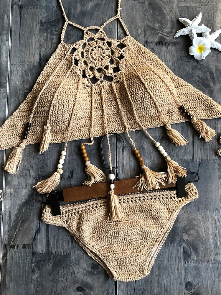 Jesminda - Knitted Khaki Tassel Brazilian Cut Bikini Set