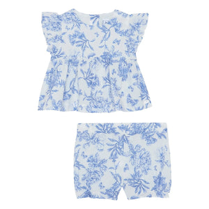 Tartine et Chocolat - Floral Pattern Top and Shorts Set Inspired by Toile de Jouy | Electric Blue
