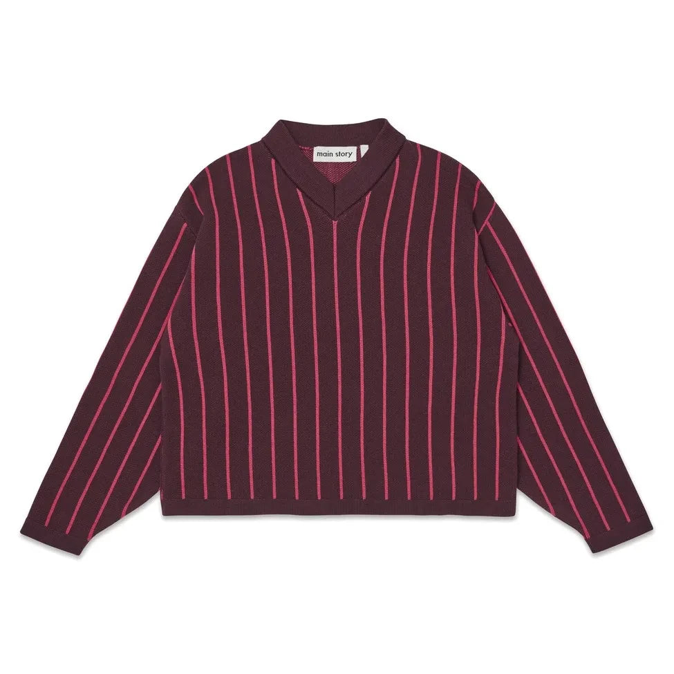 Main Story - Organic Cotton Striped V Neck Sweatshirt | Burgundy