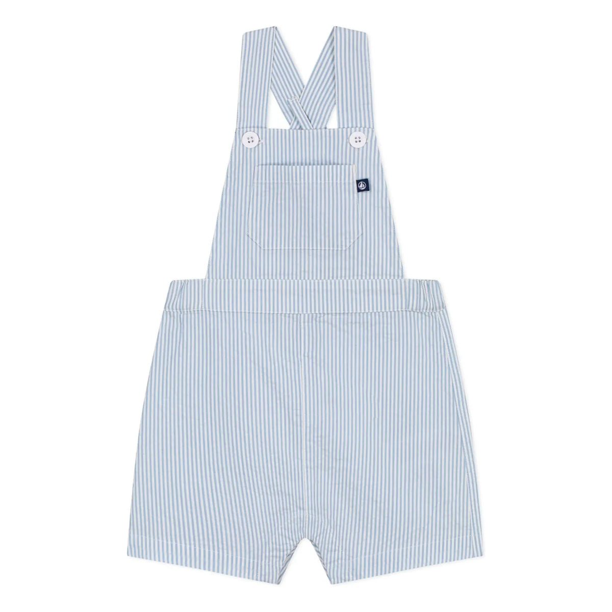 Petit Bateau - Striped Seersucker Organic Cotton Short Overalls | Light Blue