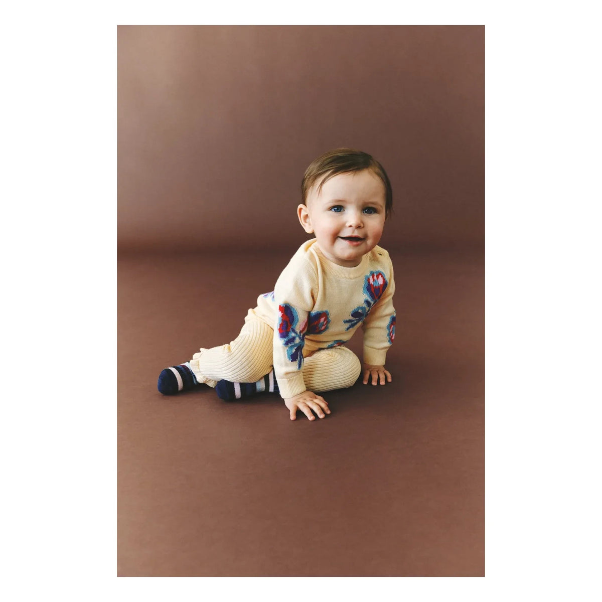 FUB - Fine Knit Merino Wool Baby Sweater, Floral Pattern | Cream