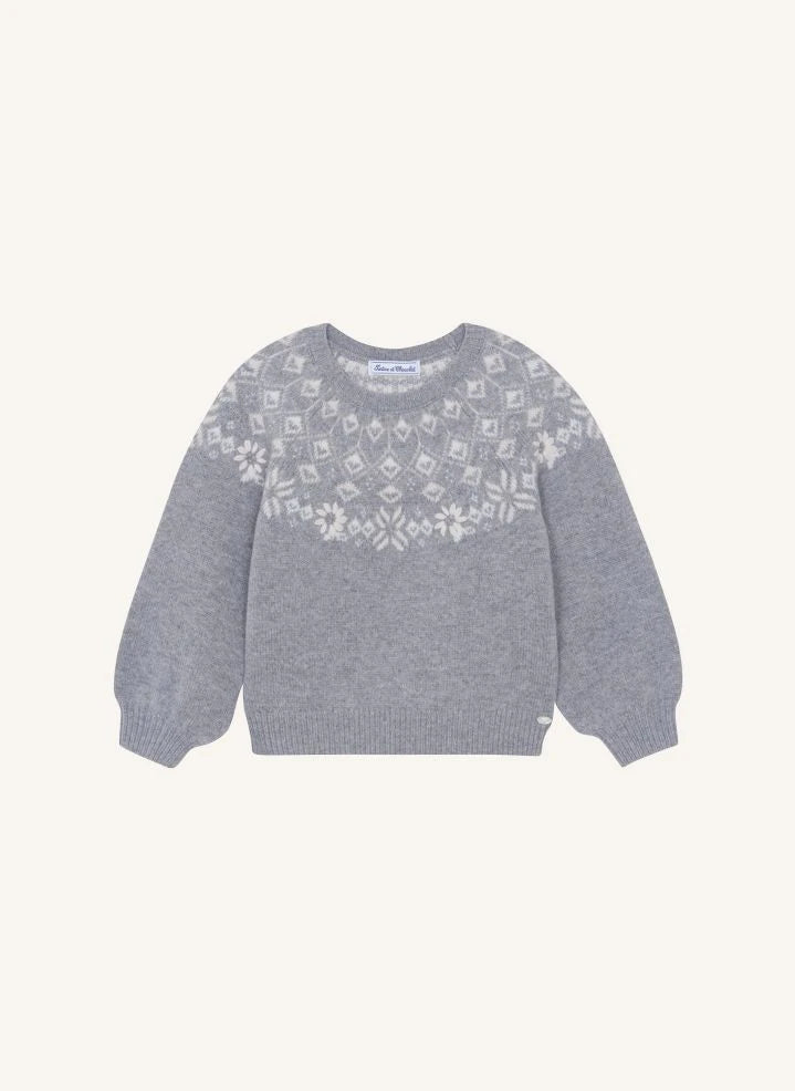 Tartine et Chocolat - Wool Sweater with Floral Embroidery | Grey Mélange