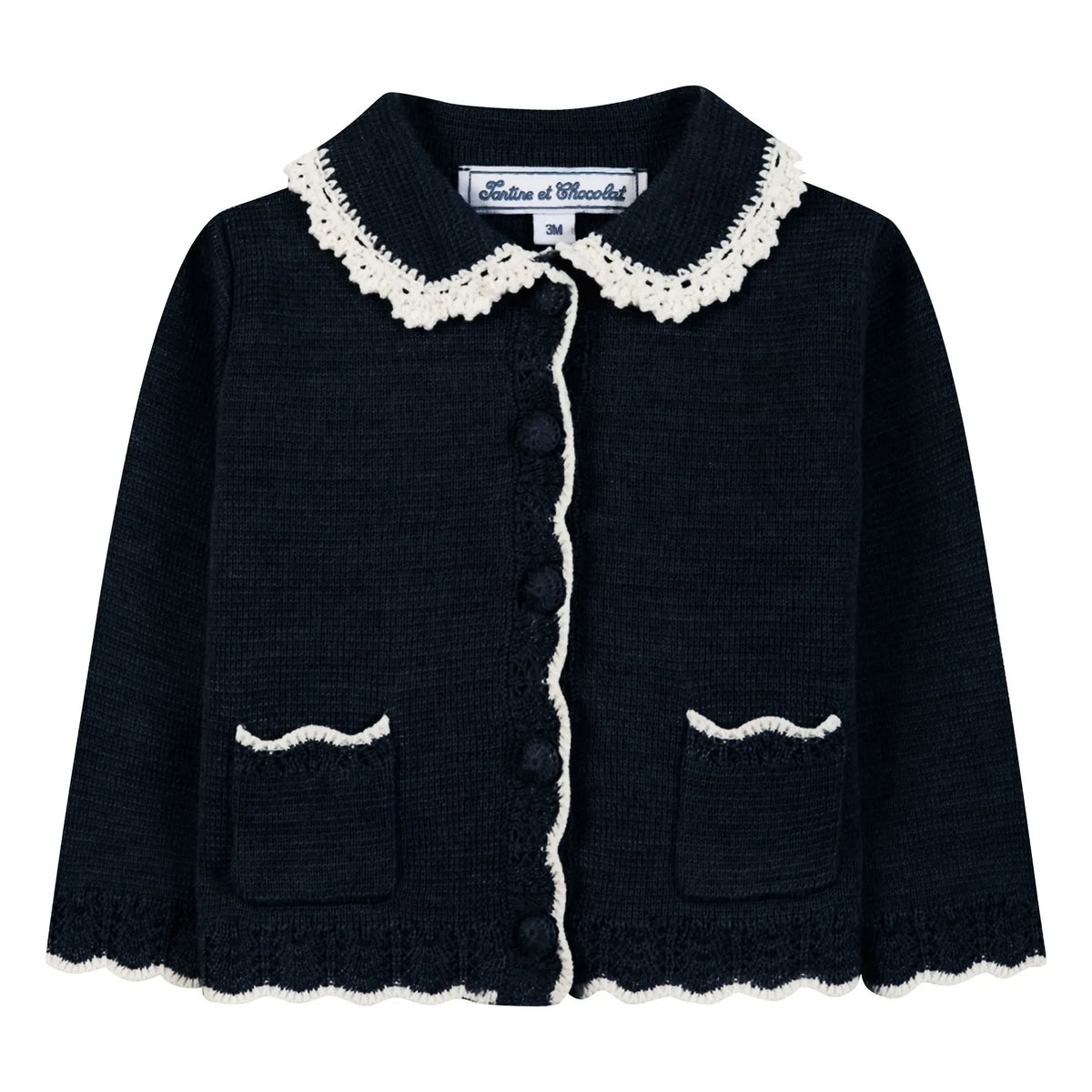 Tartine et Chocolat - Wool-Embroidered Claudine Collar Cardigan | Navy