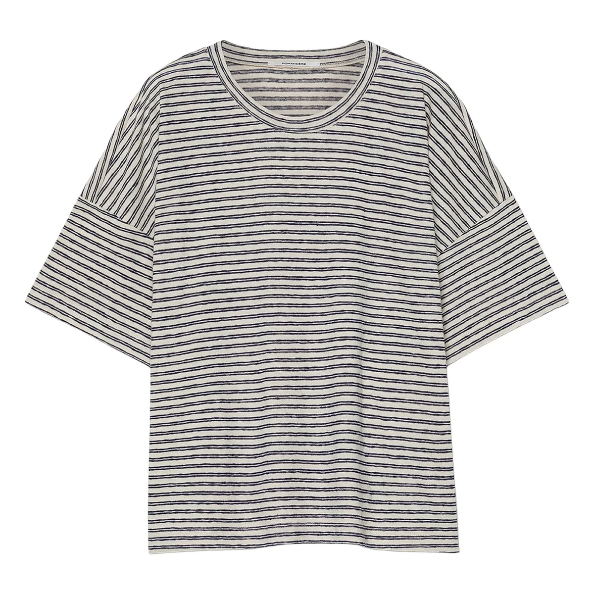 Pomandère - Cotton and Linen Jarse Striped T-Shirt | Night Blue