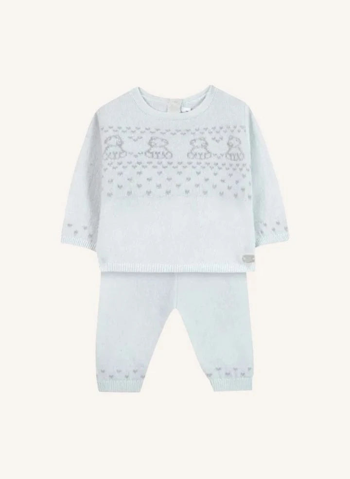 Tartine et Chocolat - Teddy Bear Sweater and Wool Pants Set | Light Blue
