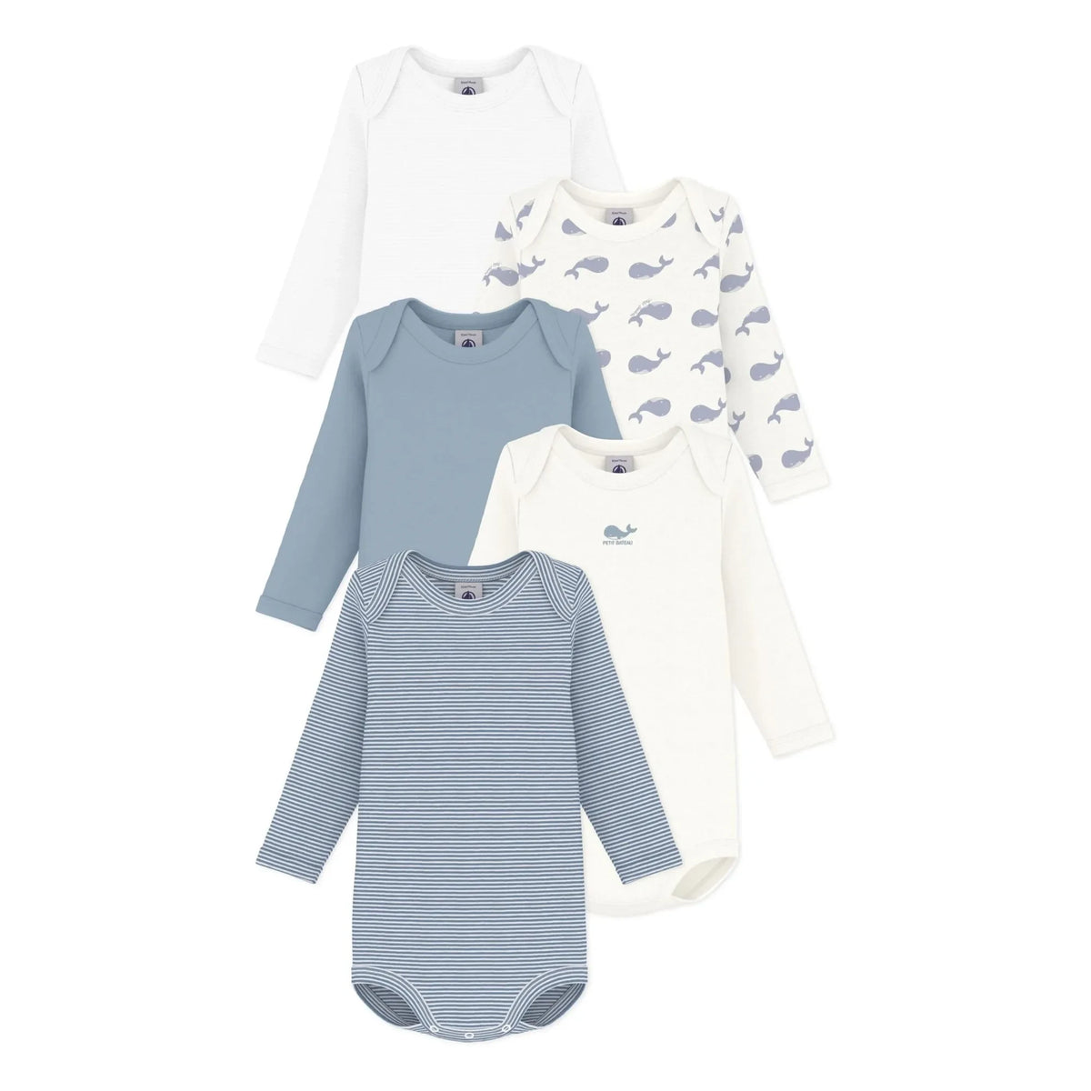 Petit Bateau - Set of 5 Organic Cotton Whale Bodysuits | Blue