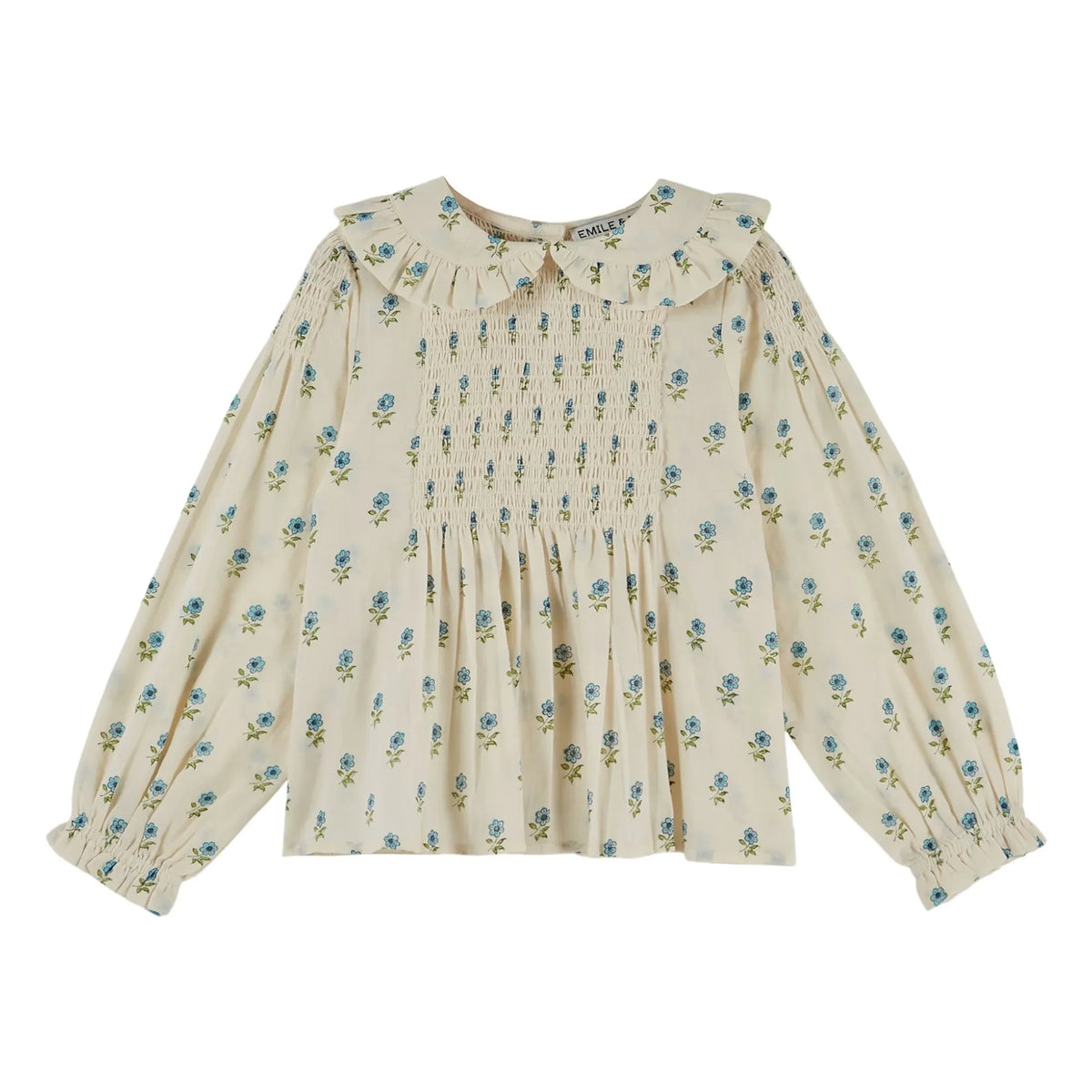 Emile et Ida - Organic Cotton Flower Print Gathered Blouse | Ecru