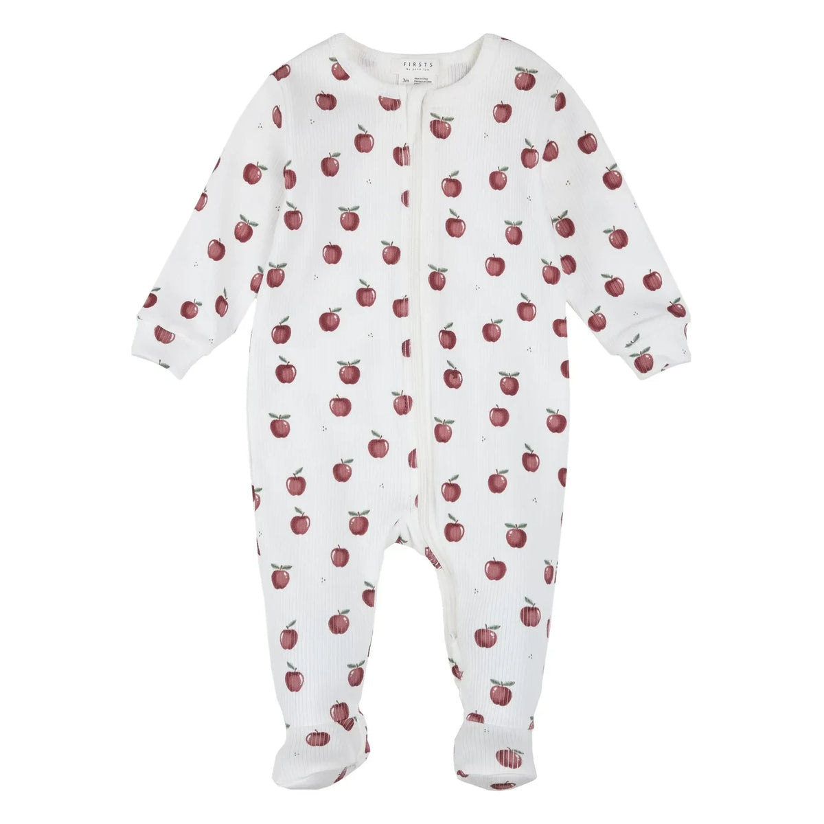 Petit Lem - Organic Cotton Ribbed Apple Print Footed Pyjamas | Ecru