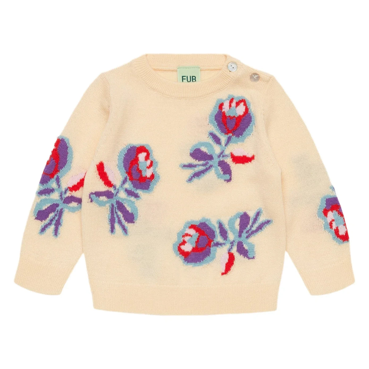 FUB - Fine Knit Merino Wool Baby Sweater, Floral Pattern | Cream