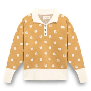 birinit - Flower Patterned Polo Neck Sweater | Mustard