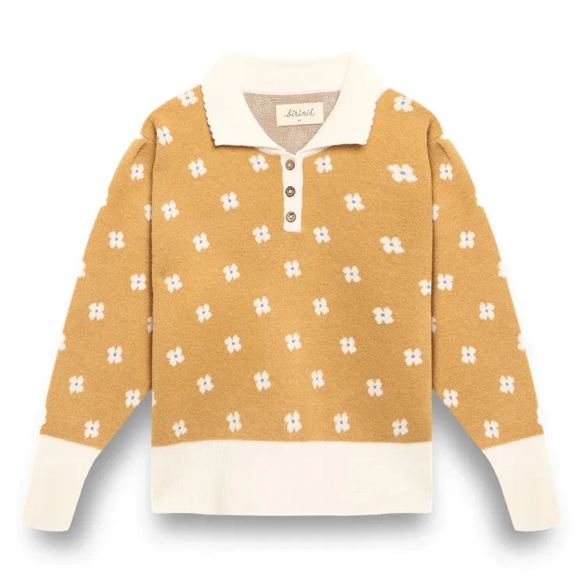 birinit - Flower Patterned Polo Neck Sweater | Mustard