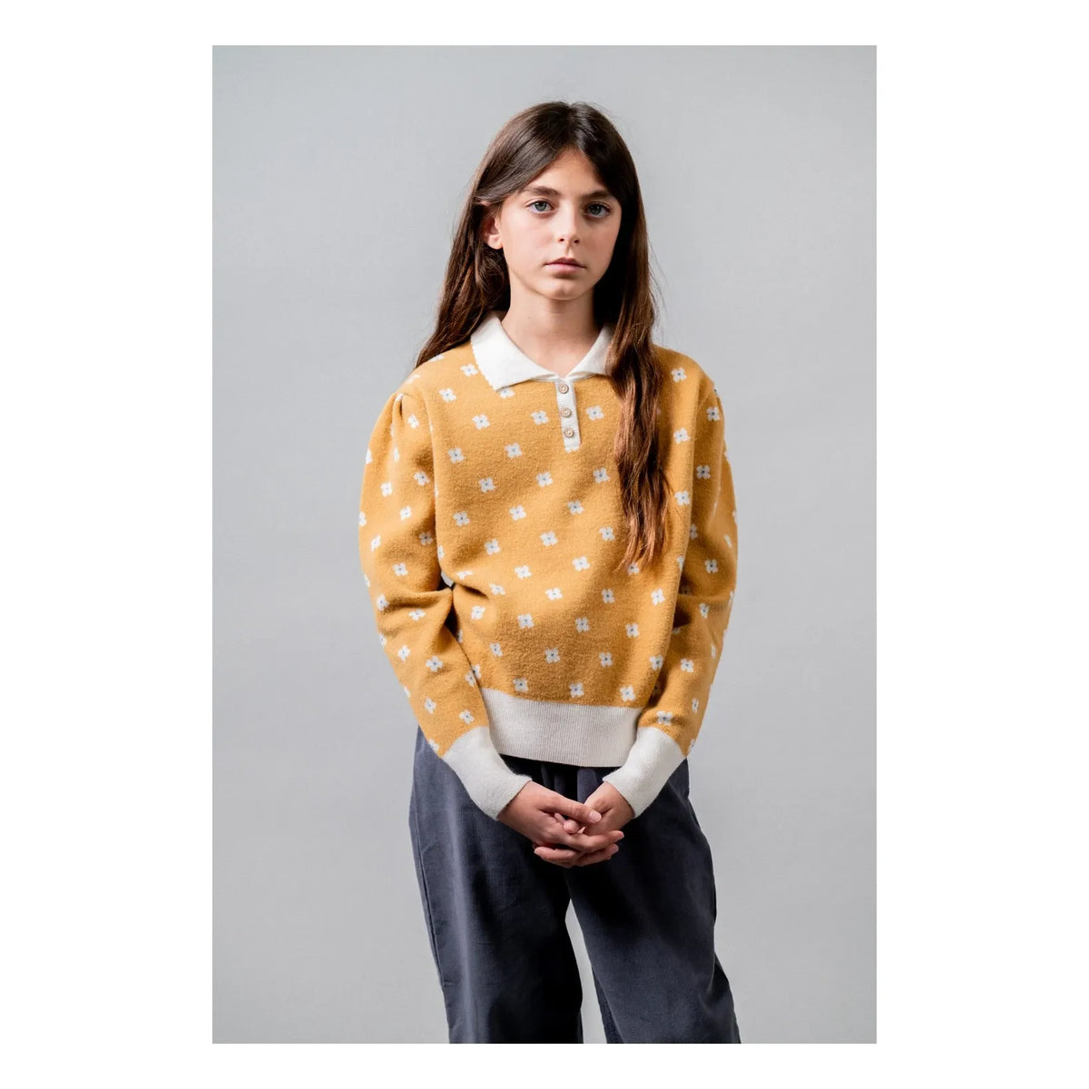 birinit - Flower Patterned Polo Neck Sweater | Mustard