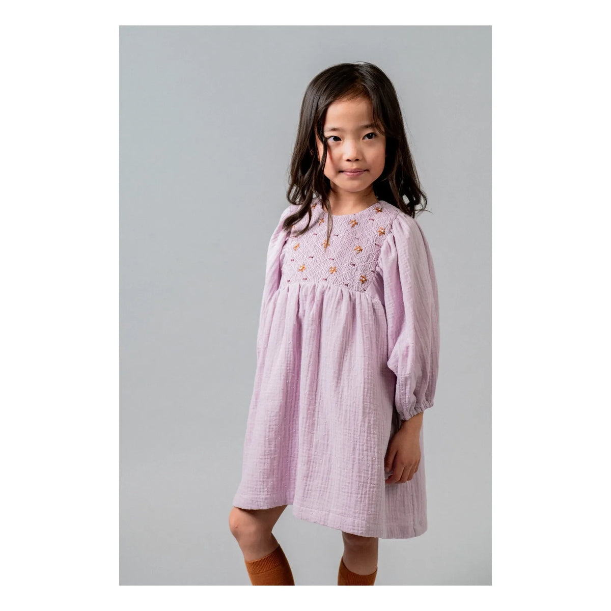 birinit - Organic Cotton Gathered Embroidered Dress | Mauve